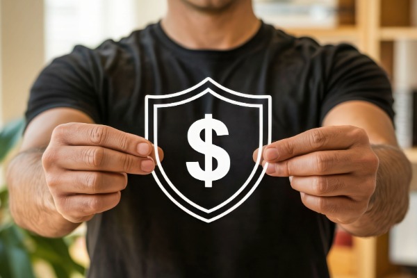 man holding shield with money symbol