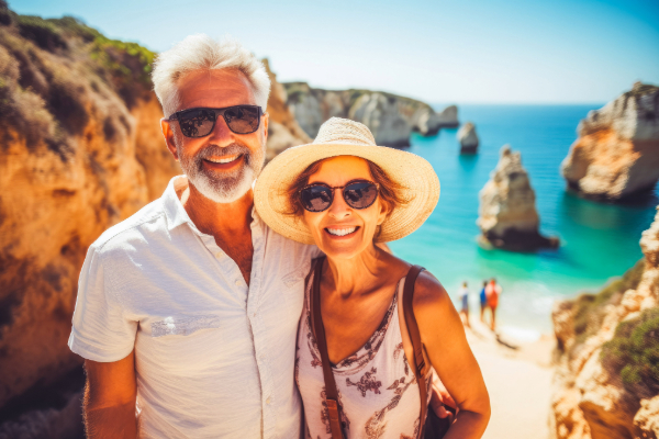 couple posing by beach